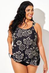 Golden Floral Embellished Strap Layered Tankini Top