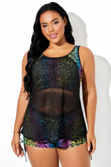 Black Hollow Crocheted Colorful Floral Print Tankini Top