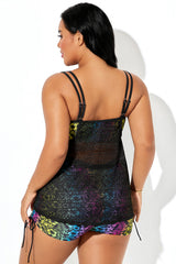 Black Hollow Crocheted Colorful Floral Print Tankini Top
