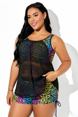 Black Hollow Crocheted Colorful Floral Print Tankini Top