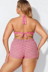 Striped Halter Bikini Three Piece Bathing Suit with Bikini Bottom and Swim Shorts