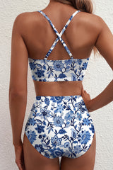 Blue Floral Print High Waist Bikini Two Piece Swimsuit Set