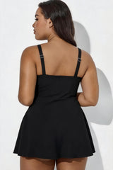 Black V-Neck Drawstring Ruched One Piece Swim Dress