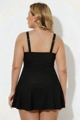 Black V-Neck Drawstring Ruched One Piece Swim Dress