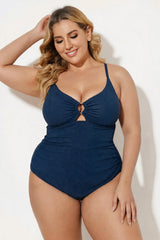 Navy Ribbed V-Neck Ring Cutout One Piece Swimsuit