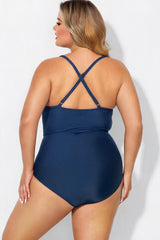 Navy Ribbed V-Neck Ring Cutout One Piece Swimsuit