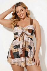 Brown Bandana Patchwork Sweetheart Drawstring One Piece Swimdress