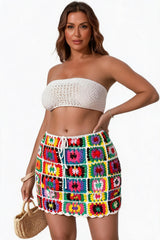 Colorful Crochet Floral Drawstring Cover Up Skirt
