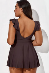 Dark Brown V-Neck Ruffle Cutout Tummy Control One Piece Swimdress