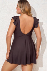 Dark Brown V-Neck Ruffle Cutout Tummy Control One Piece Swimdress