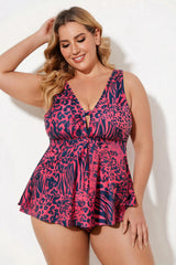 Pink Leopard Print V-Neck Tie Front Swimdress With Briefs