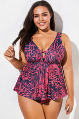 Pink Leopard Print V-Neck Tie Front Swimdress With Briefs