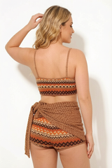 Brown Tribal Print Spaghetti Strap Two Piece Bikini Set With Wrap Skirt