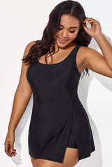 Black Split-Hem Swimdress with Built-In Shorts & Pockets