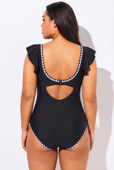 Black Ruffle Tummy Control One-Piece Swimsuit