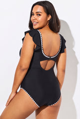 Black Ruffle Tummy Control One-Piece Swimsuit