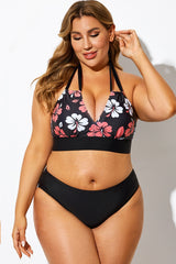 Black Floral Print Halter Sexy Bikini Top