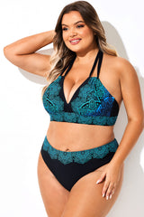 Blue Ombre Lace Print Halter Sexy Bikini Top