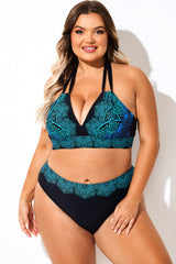 Blue Ombre Lace Print Halter Sexy Bikini Top