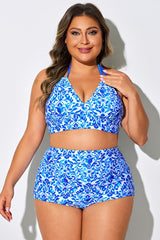Porcelain Blue Floral V-neck Halter Tie Bikini Top