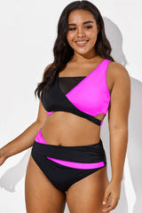 Black Pink Colorblock Wrap Mesh Bikini Top