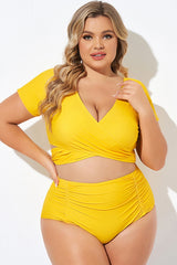 Yellow Ruched Sleeves Skirted Bikini Top