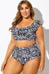 Black & White Palms Ruffle Bikini Top