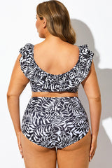 Black & White Palms Ruffle Bikini Top