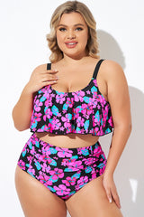 Flower Print Ruffle Scoop Neck Bikini Top