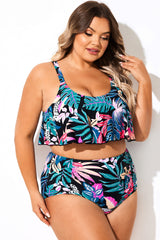 Tropical Print Round Neck Swim Ruffled Bikini Top