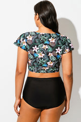 Tropical Print Retro Women Bikini Top With Sleeves