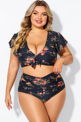 Floral Print Flutter Sleeve Elegant Swim Bikini Top