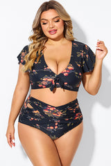 Floral Print Flutter Sleeve Elegant Swim Bikini Top