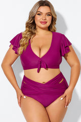 Purple Flutter Sleeve Elegant Swim Bikini Top