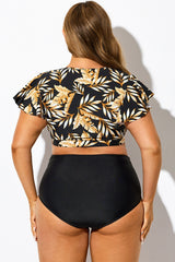 Plant Print Flutter-Sleeve Swim Bikini Top