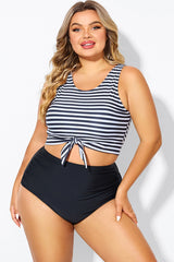 Black & White Striped Knotted Crop Bikini Top