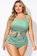 Plus Size Green Stripe Knotted Crop Bikini Top