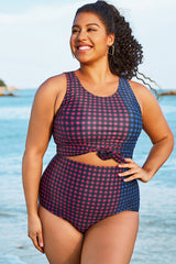 Plus Size Colorblock Check Knotted Crop Bikini Top