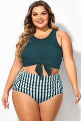 Plus Size Dark Blue Knotted Crop Bikini Top