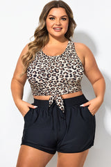 Plus Size Leopard Print Knotted Crop Bikini Top