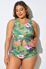 Plus Size Green Floral Print Knotted Crop Bikini Top