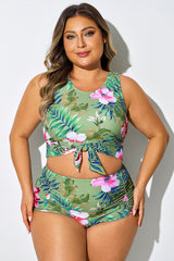 Plus Size Green Floral Print Knotted Crop Bikini Top