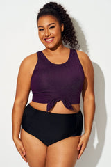Plus Size Glitter Purple Knotted Crop Bikini Top