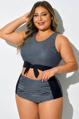 Plus Size Black Stripes Knotted Crop Bikini Top