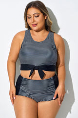 Plus Size Black Stripes Knotted Crop Bikini Top