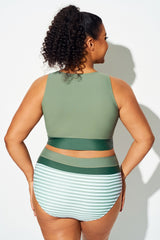 Plus Size Green Colorblock Knotted Crop Bikini Top