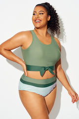 Plus Size Green Colorblock Knotted Crop Bikini Top