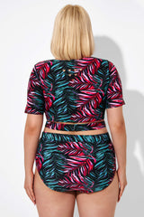 Leaf Print Round Neck Bikini Top with Sleeves