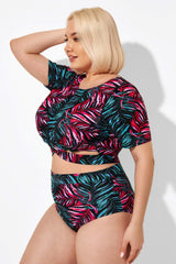 Leaf Print Round Neck Bikini Top with Sleeves