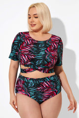 Leaf Print Round Neck Bikini Top with Sleeves